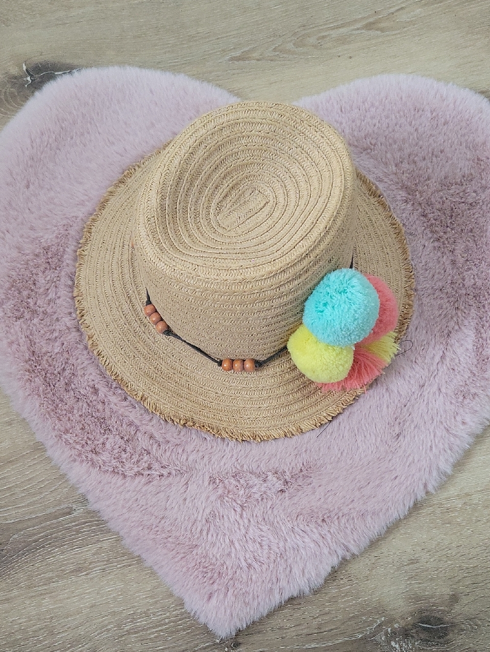 Limited Too Straw Sun Hat with Pink, Yellow & Blue Pom Poms